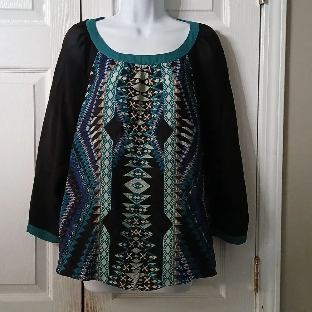 eci new york  black blue teal print sheer tunic Sz M EUC